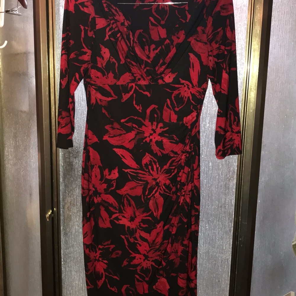 Black Dress W/Red Flowers  Size 8